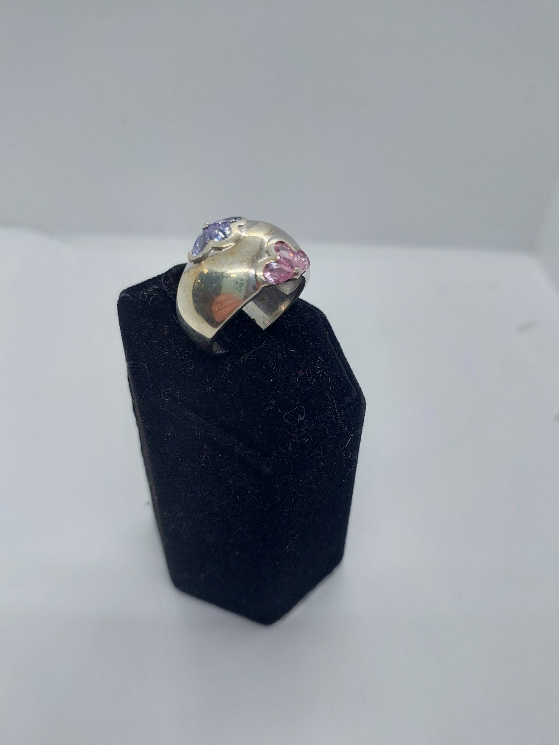 Silver Ring 925 with 2 Flower 1 Pink 1 Violet