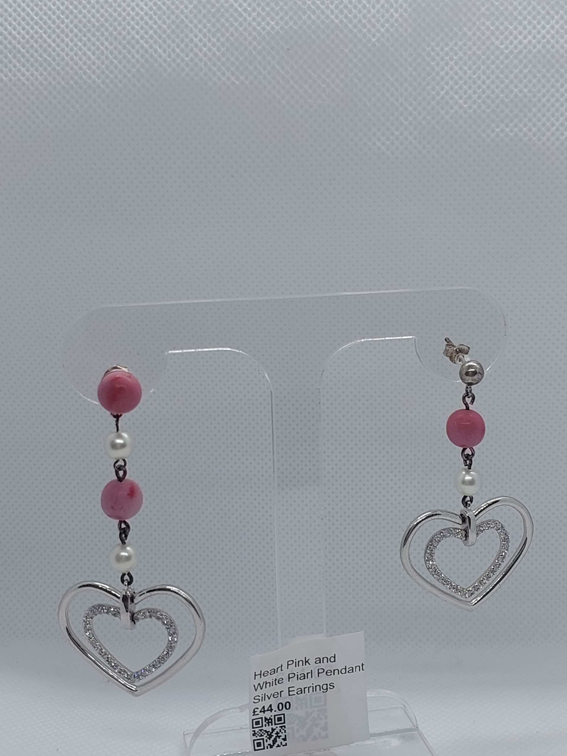 Heart Pink and White Piarl Pendant Silver Earrings