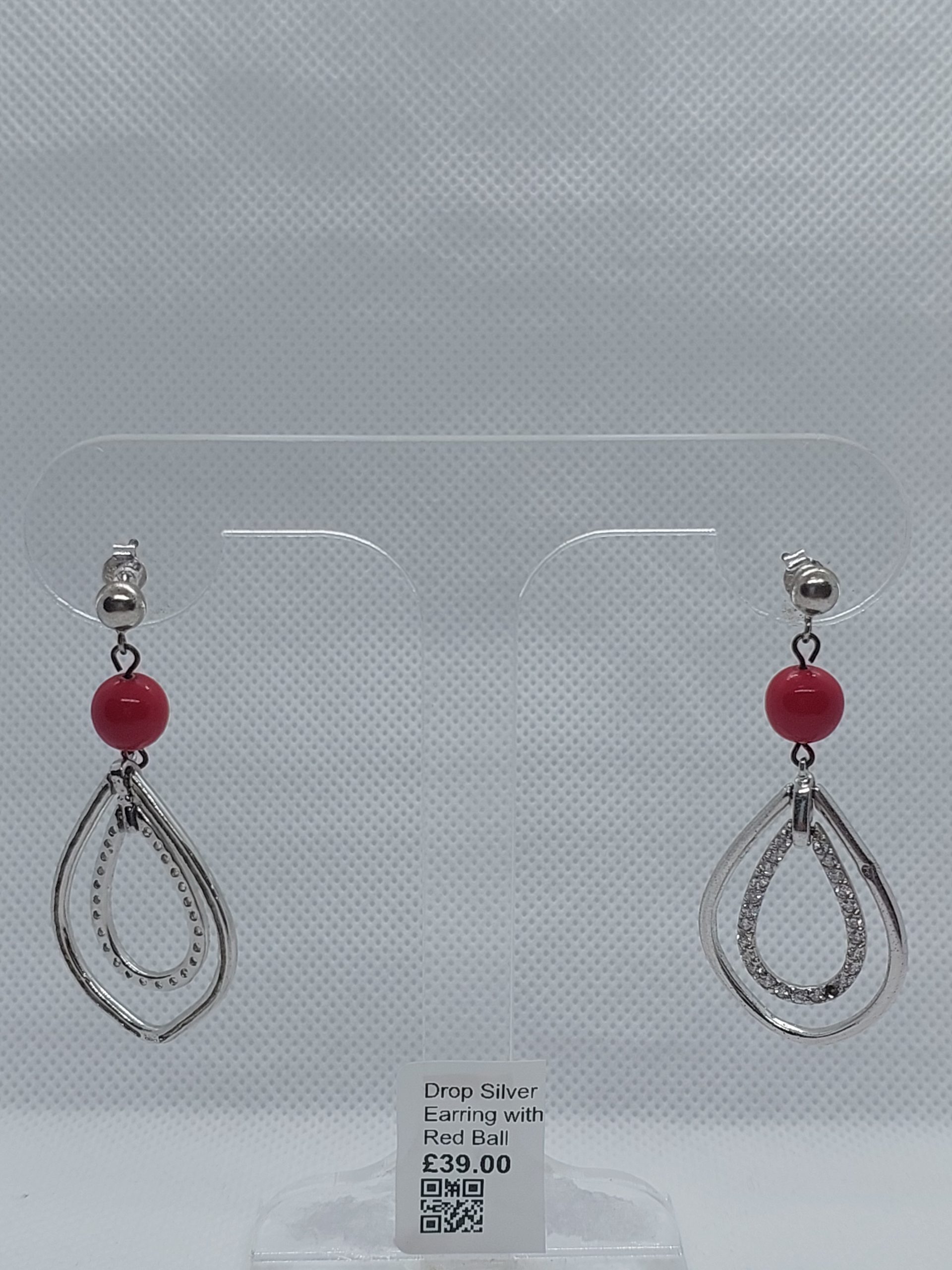 Drop Silver Earring with Red Ball