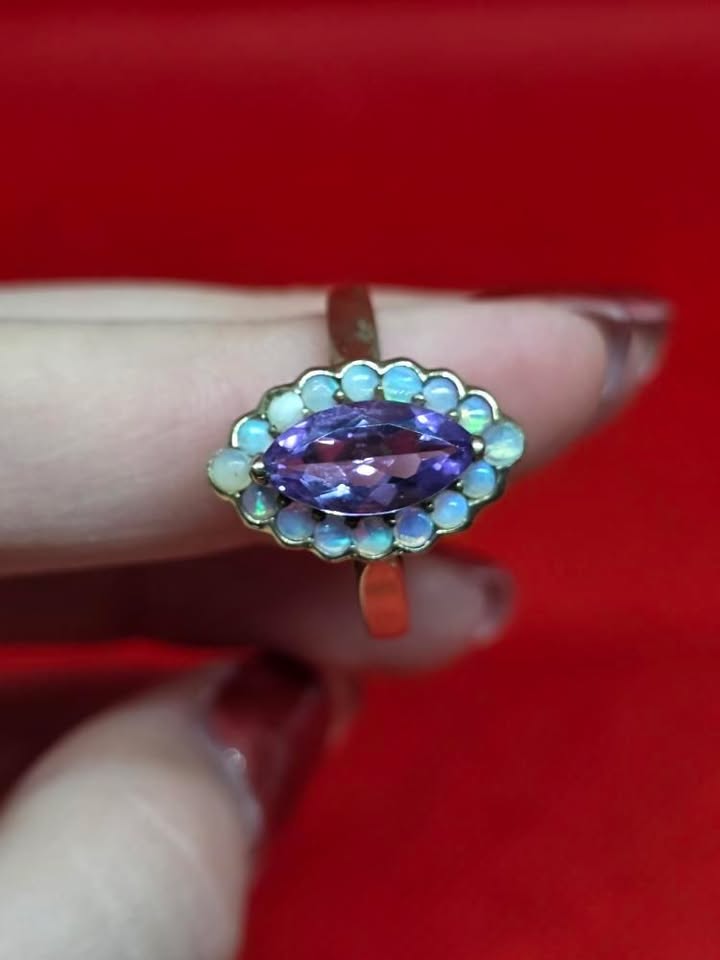 +9ct Gold Marquise Amethyst & Fiery Opal Statement Ring Vintage 2004 3.2 gramm - Image 10