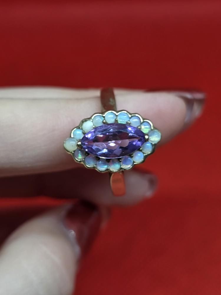 +9ct Gold Marquise Amethyst & Fiery Opal Statement Ring Vintage 2004 3.2 gramm - Image 3