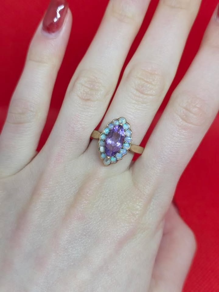 +9ct Gold Marquise Amethyst & Fiery Opal Statement Ring Vintage 2004 3.2 gramm - Image 13