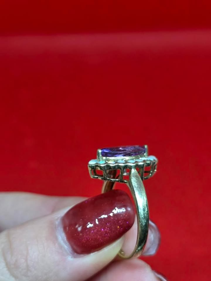 +9ct Gold Marquise Amethyst & Fiery Opal Statement Ring Vintage 2004 3.2 gramm - Image 7
