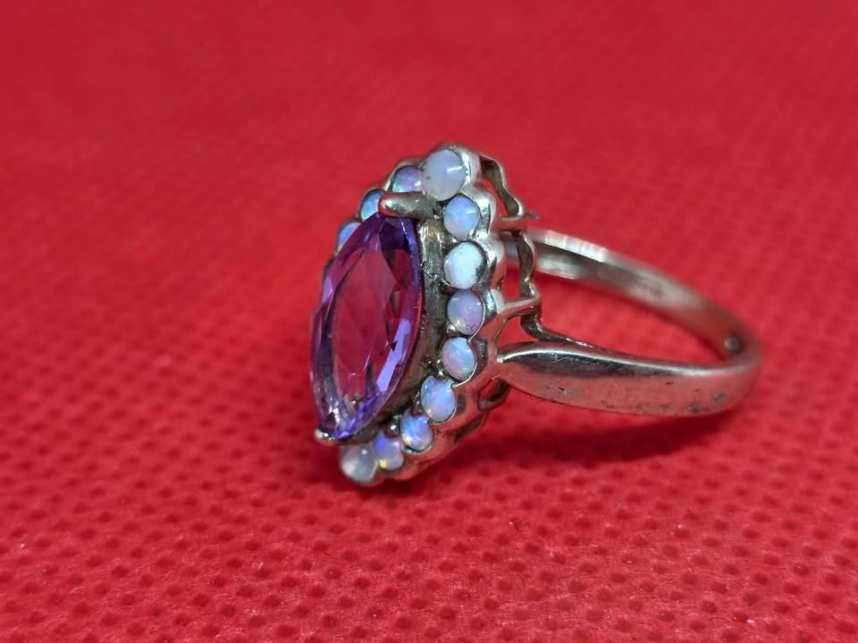 +9ct Gold Marquise Amethyst & Fiery Opal Statement Ring Vintage 2004 3.2 gramm - Image 16