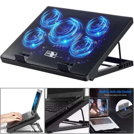 Adjustable Laptop Cooling Pad Notebook Cooler Stand 5 Fans With LED 12-17 Inch