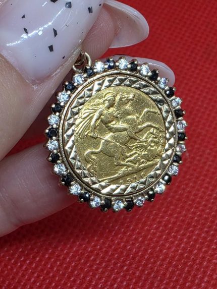 1910 Edward VII Large Head UK Half Sovereign Coin with diamonds and Sapphire