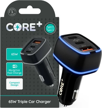 CORE+ | USB C/A In-Car Phone Charger Adapter Fast Charging 65W POWER DELIVERY | Compatible with iPhones Smartphones and Tablets | Triple-Port Design | Charge Three Devices