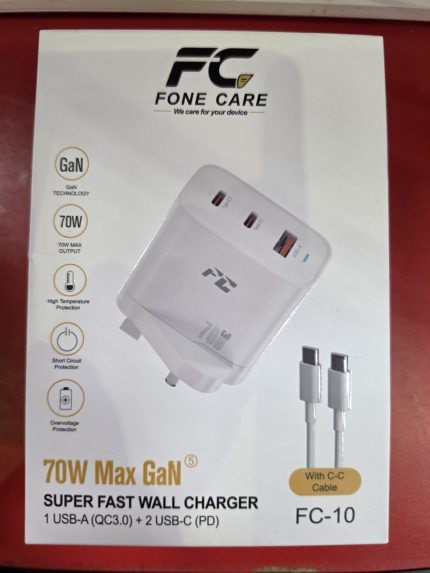 FC-10 70w max GaN super fast wall charger 1usb-a + 2usb-c(PD) with c-c cable.