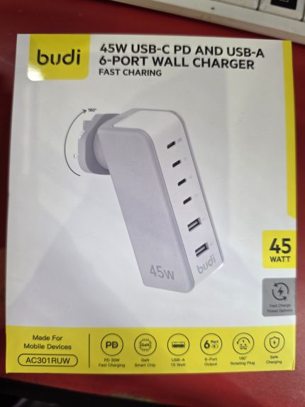 budi 45w usb-c pd and usb-a 6-port wall charger fast charging